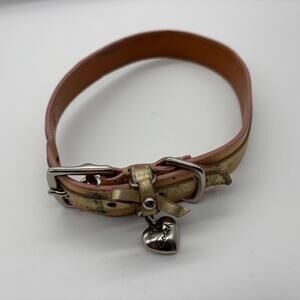 Coach Big Dog Leather Collar Tan w/ Gold Size Large 17" - 21" Silver Tone Charm